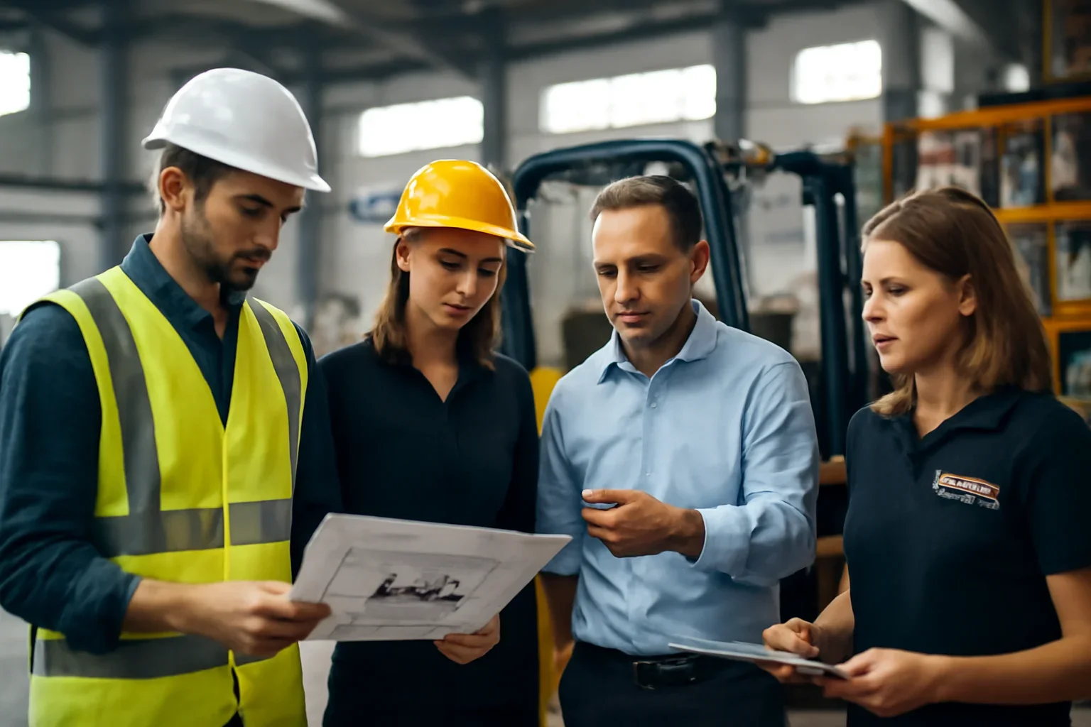 About leadership team reviewing forklift training plans in an active industrial setting