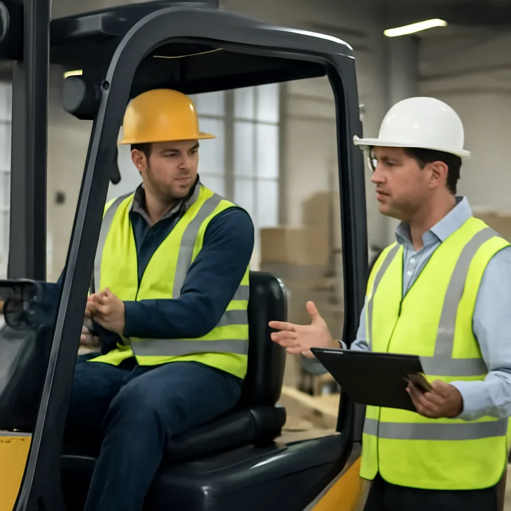 Buying Forklift Training for Small Businesses manager applying forklift training guidance at the worksite