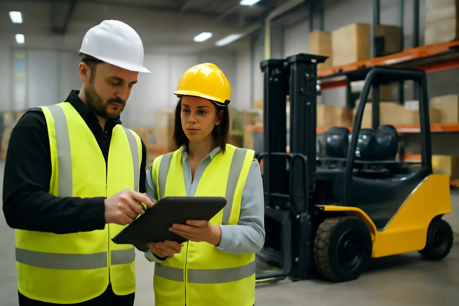 Buying Forklift Training for Small Businesses article hero showing supervisors reviewing forklift training guidance