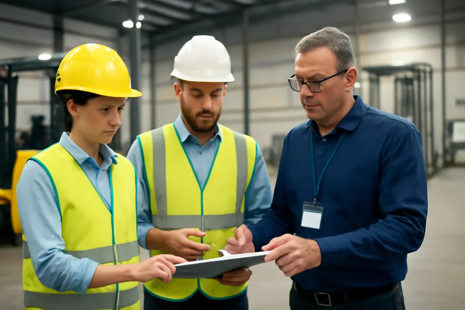 Choosing Forklift Training for Manufacturing Plants article hero showing supervisors reviewing forklift training guidance