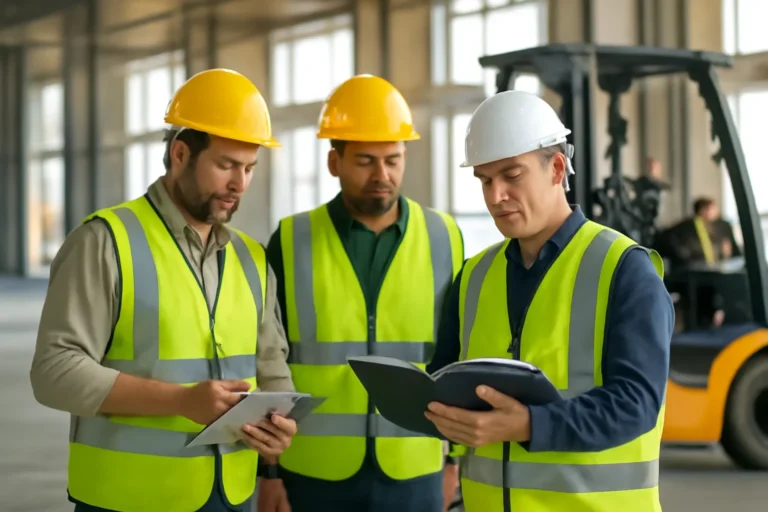 Forklift Training for Construction Job Sites article hero showing supervisors reviewing forklift training guidance