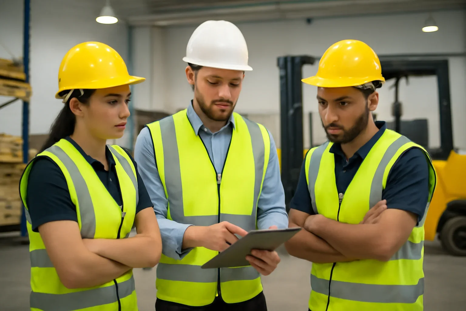 Forklift Training for Temporary Workers: Who Does What? article hero showing supervisors reviewing forklift training guidance