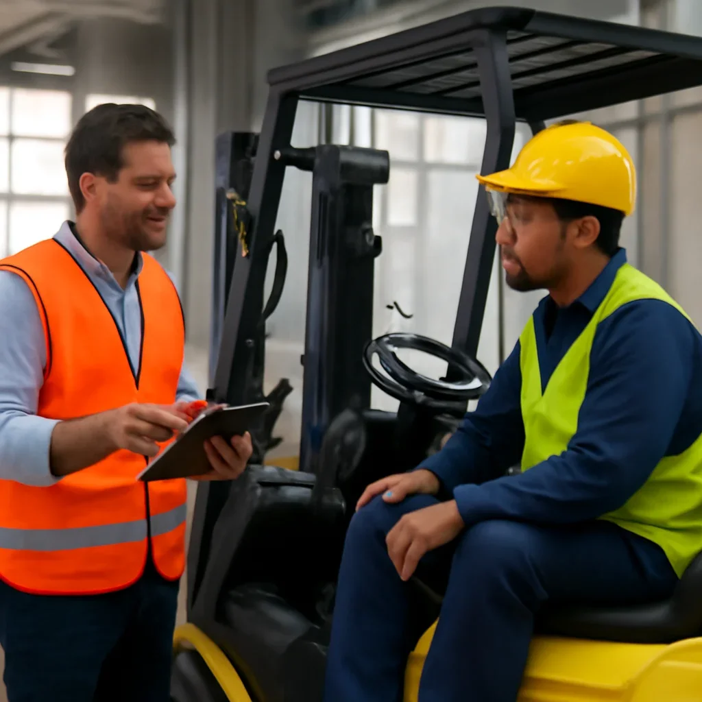 Forklift Training in Spanish: What Employers Must Provide manager applying forklift training guidance at the worksite