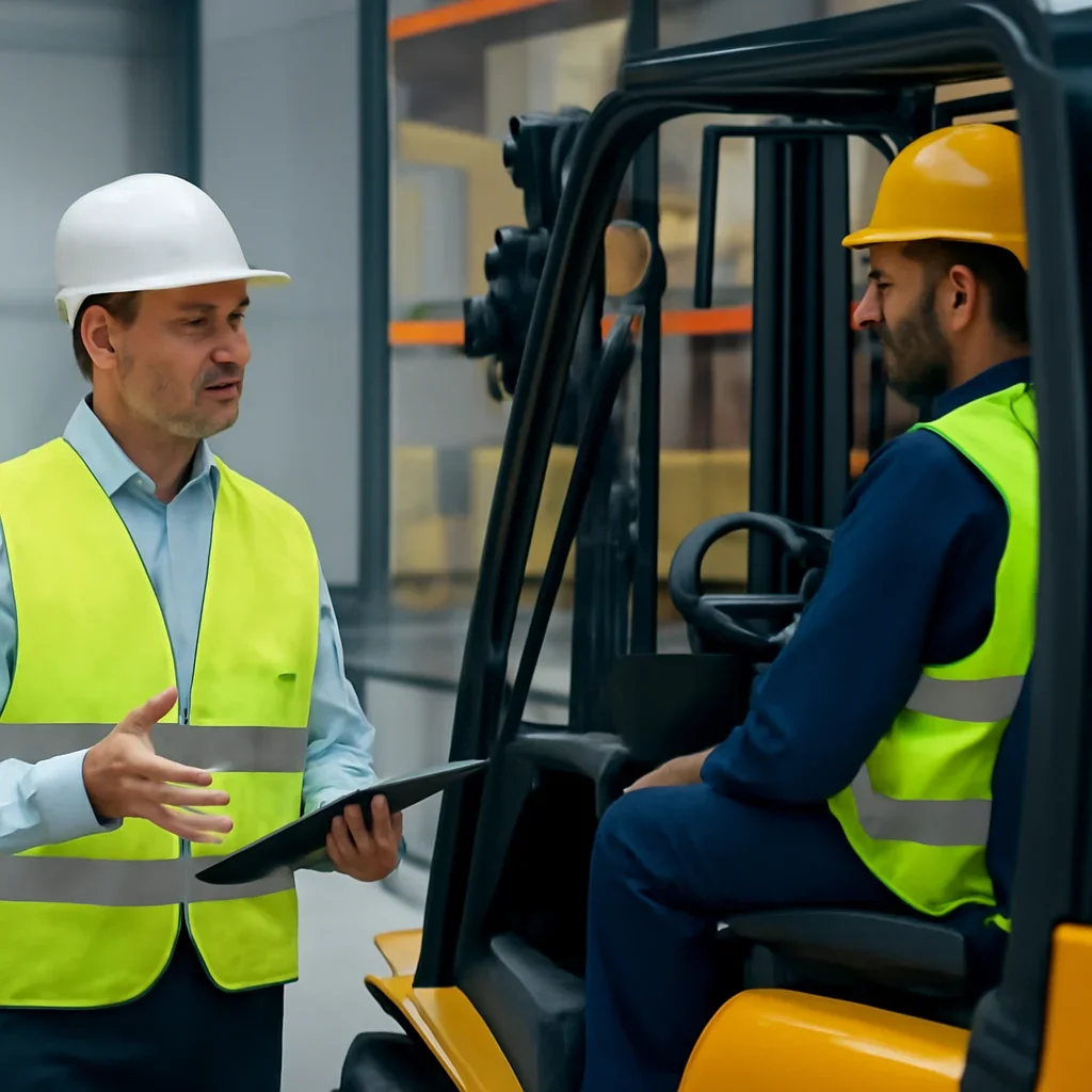 Forklift Training Software ROI for Employers manager applying forklift training guidance at the worksite