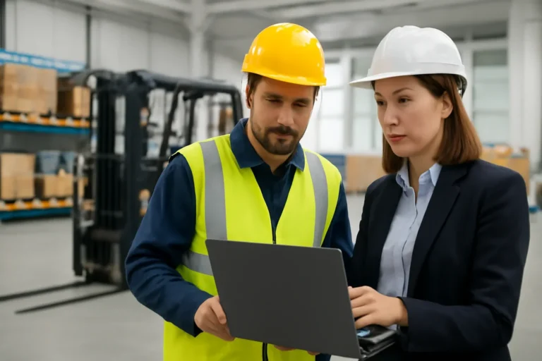 Forklift Training Software ROI for Employers article hero showing supervisors reviewing forklift training guidance