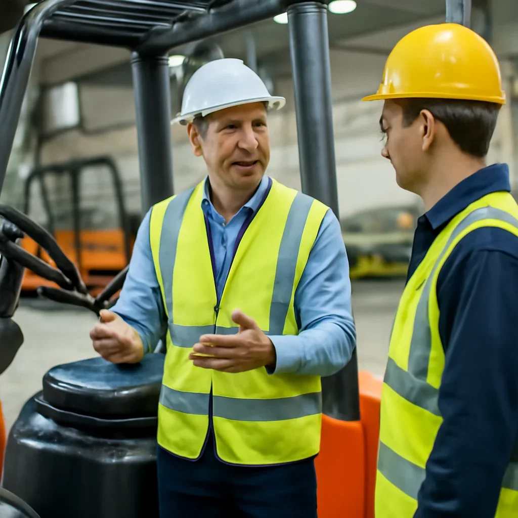 Online vs On-Site Forklift Training for Employers manager applying forklift training guidance at the worksite