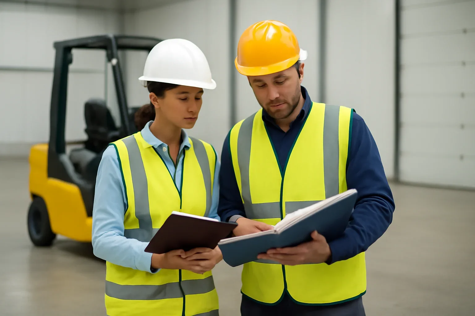 Online vs On-Site Forklift Training for Employers article hero showing supervisors reviewing forklift training guidance