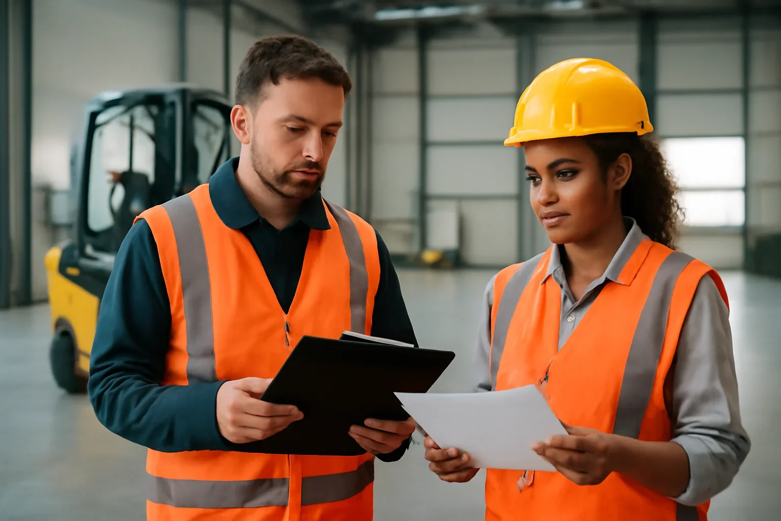 Paper Forms vs Digital Forklift Training Records article hero showing supervisors reviewing forklift training guidance