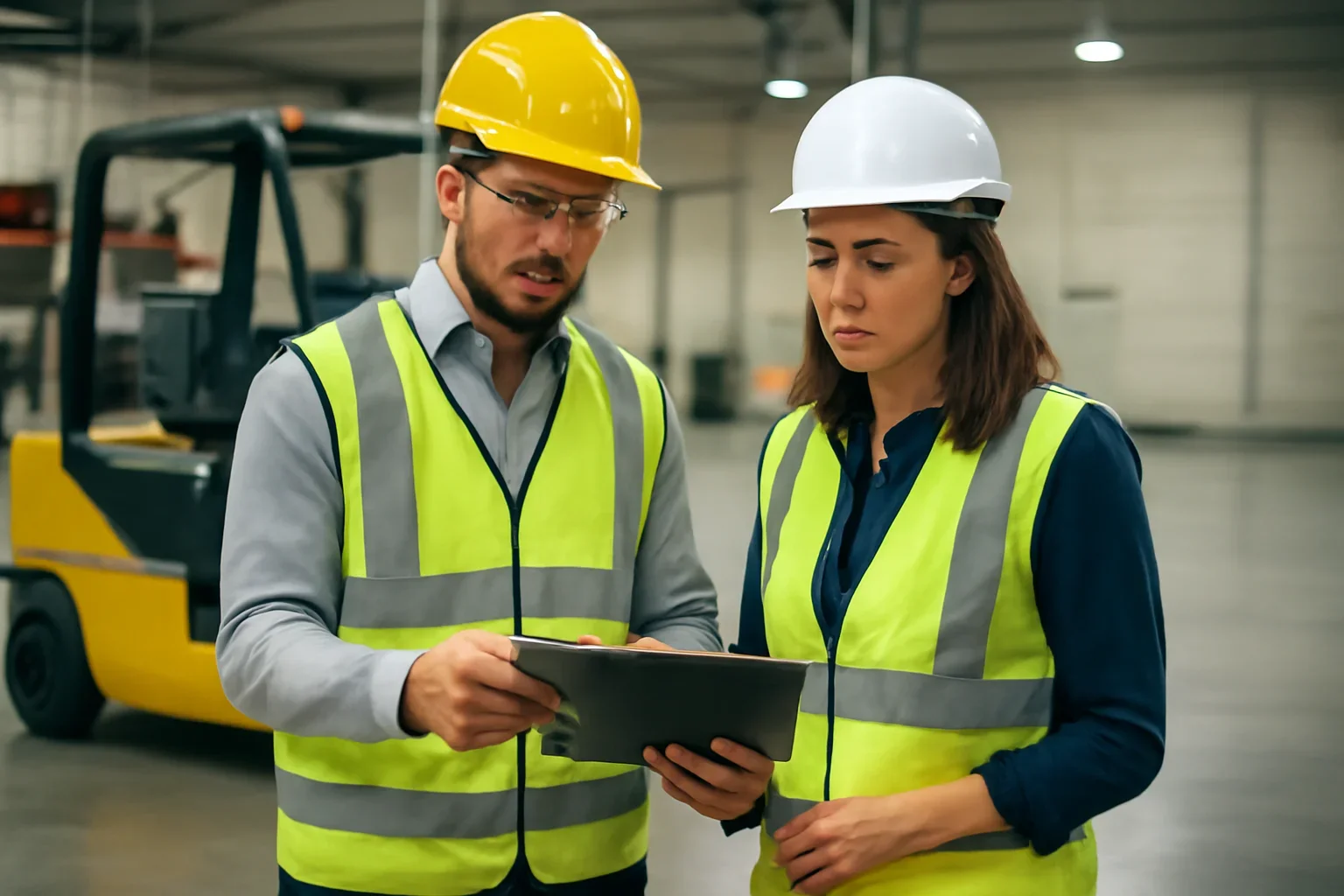How to Prepare for an OSHA Forklift Inspection article hero showing supervisors reviewing forklift training guidance