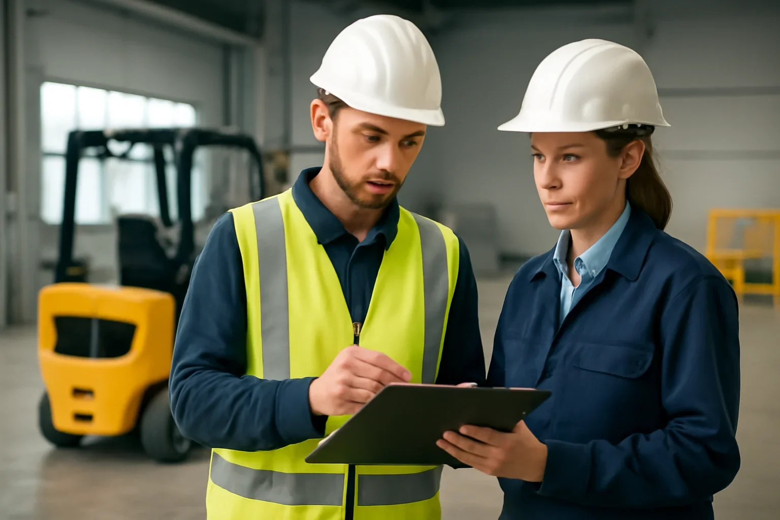 Site-Specific vs General Forklift Training article hero showing supervisors reviewing forklift training guidance