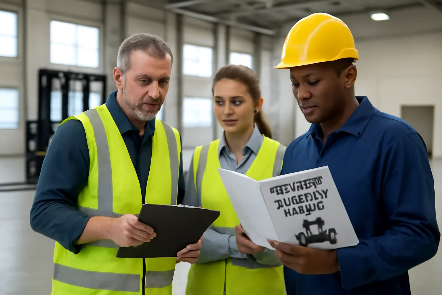 When Employees Need Forklift Recertification article hero showing supervisors reviewing forklift training guidance