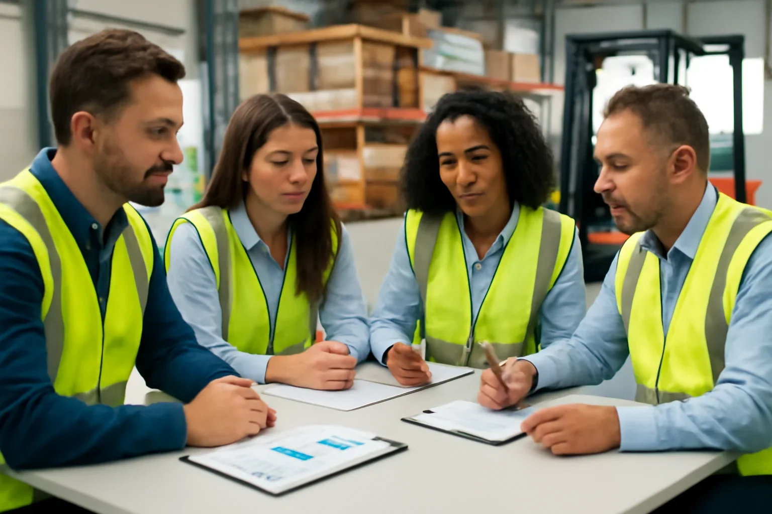 Case Studies leadership team reviewing forklift training plans in an active industrial setting