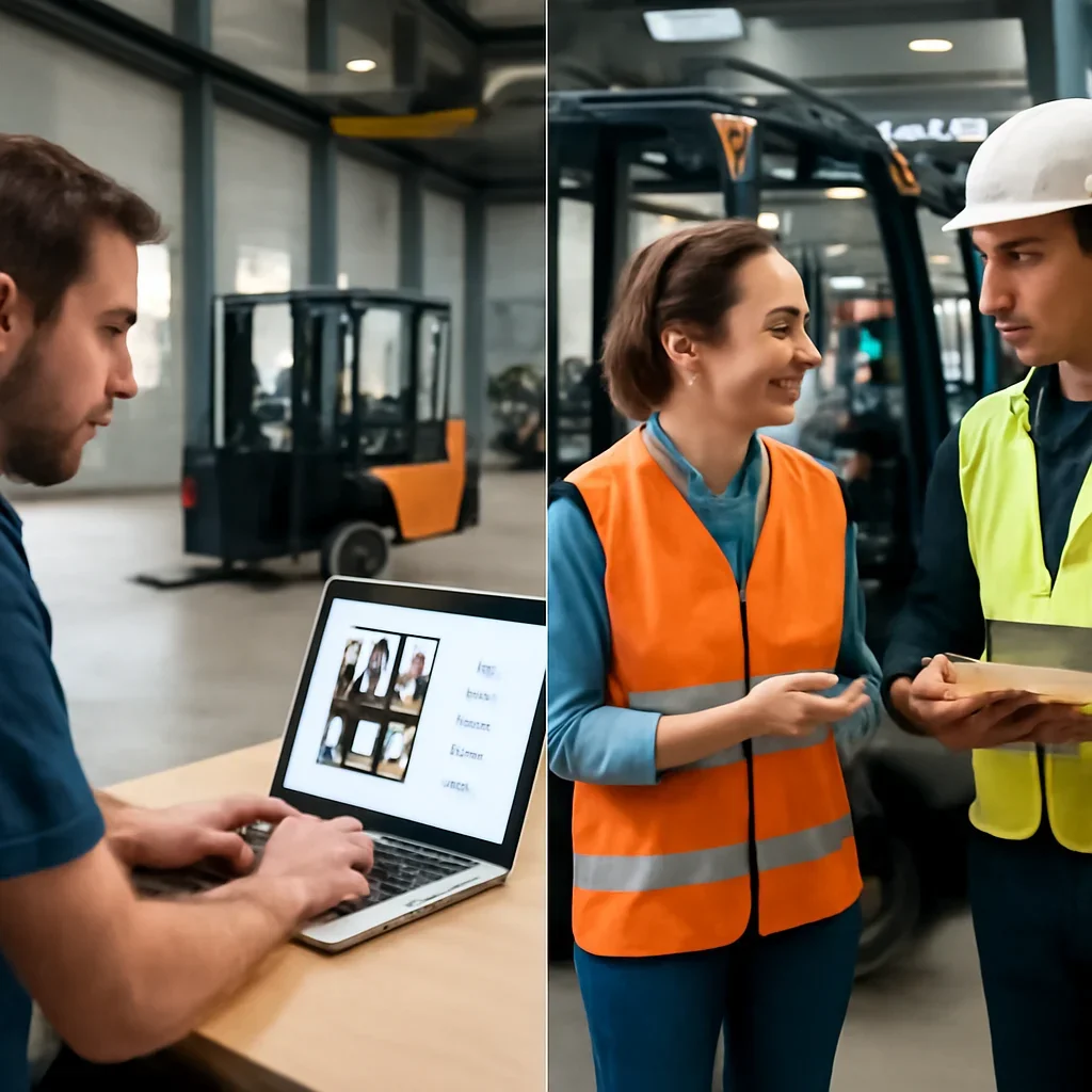 Online vs On-Site Forklift Training side-by-side planning discussion for employer training choices