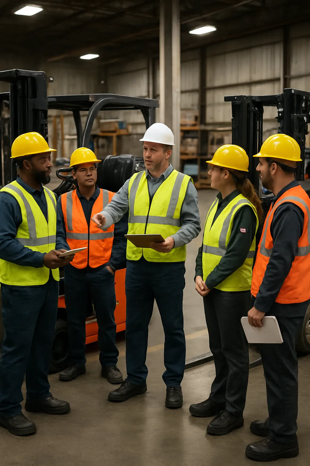 Warehouse team holding a safety meeting for consistent forklift operations across the United States and Canada