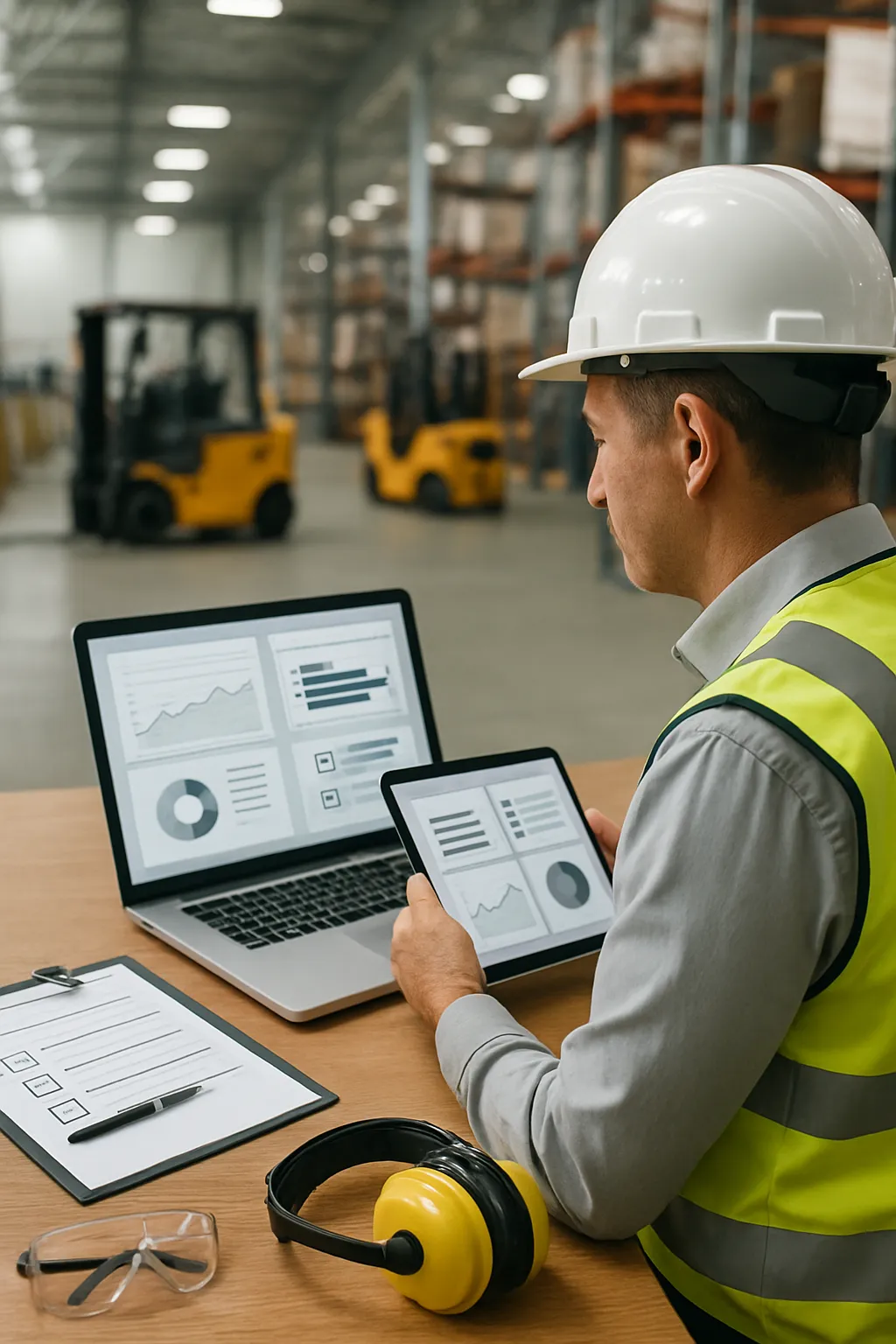 Safety manager reviewing digital forklift inspection records and corrective actions during a compliance audit