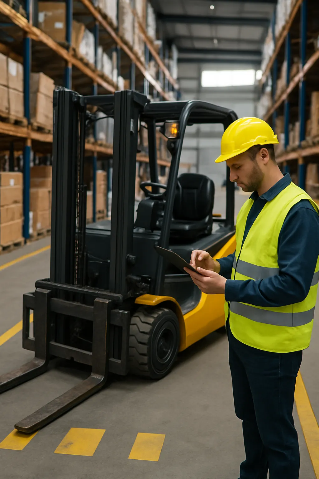 Forklift operator completing a digital pre-shift inspection on a tablet inside a modern warehouse