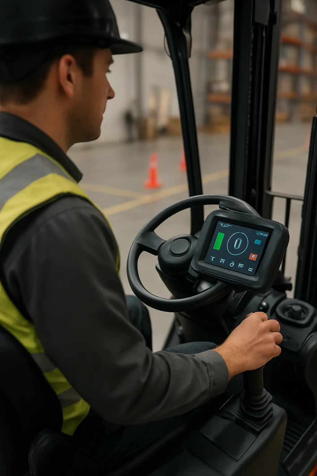 Operator reviewing the digital controls and safety display of an electric forklift