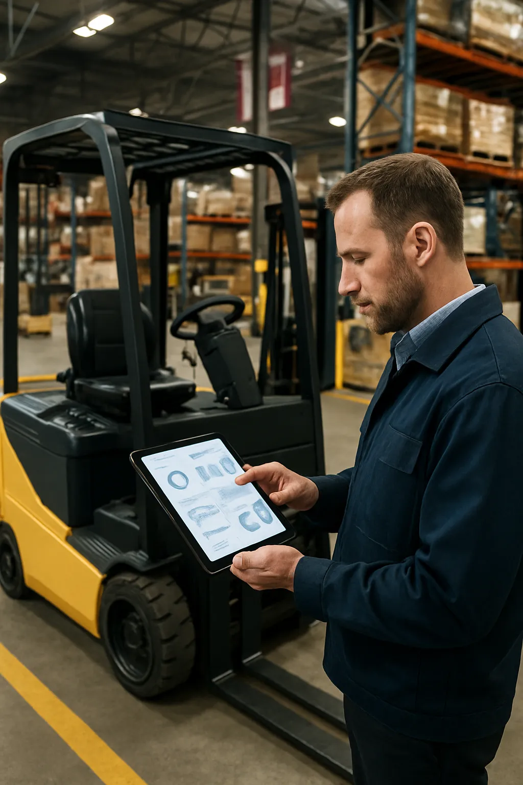 Fleet manager reviewing electric forklift utilization and safety data