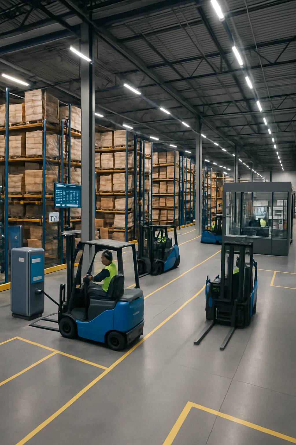 Modern electric forklift fleet supporting connected warehouse operations