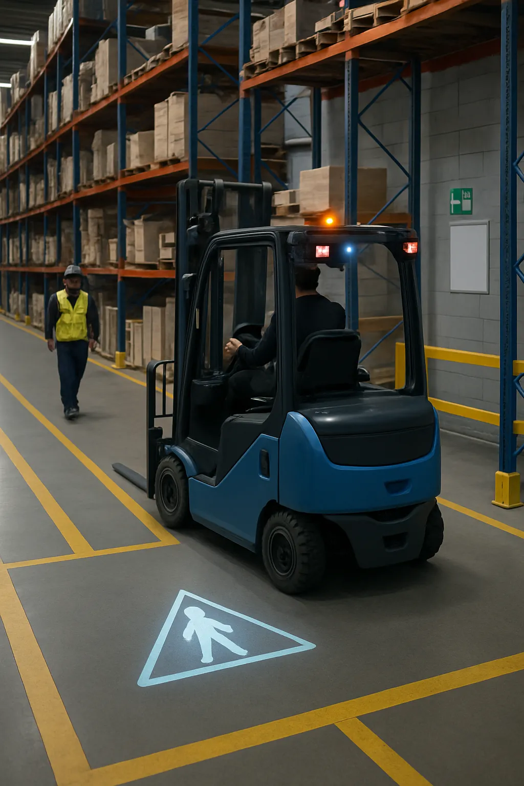 Electric forklift using integrated safety features in an active warehouse