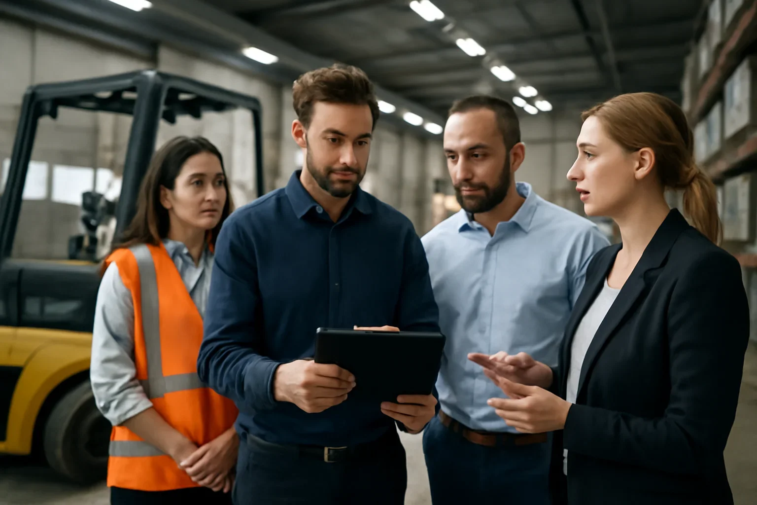 FAQ leadership team reviewing forklift training plans in an active industrial setting