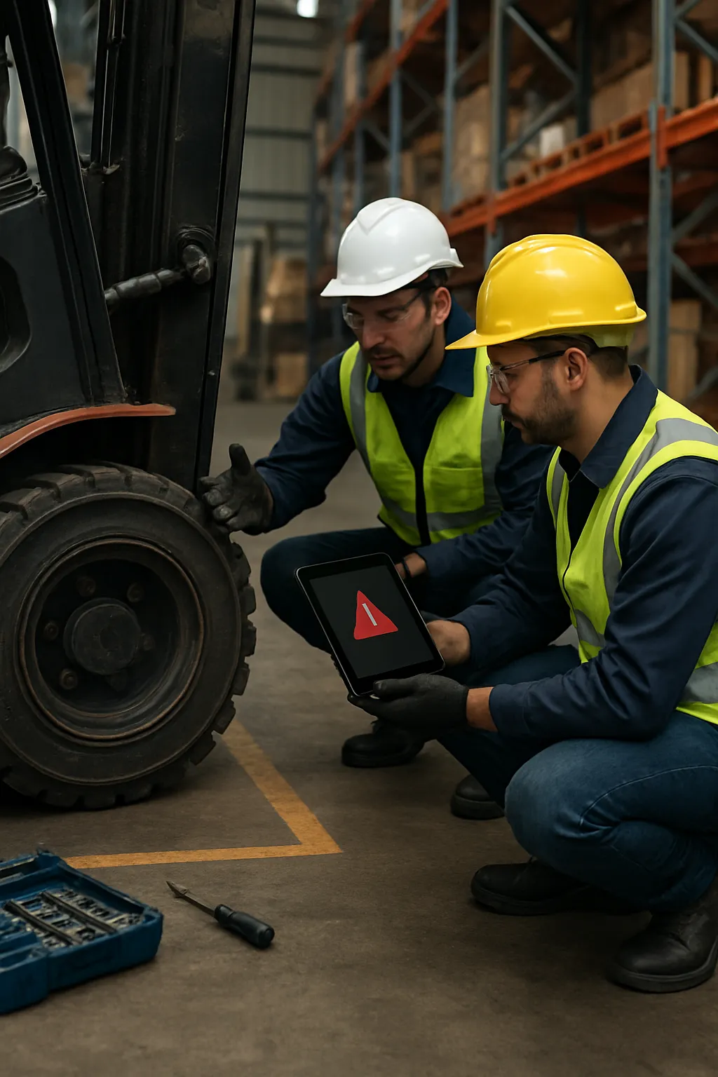 Maintenance technician receiving an instant digital report about a forklift defect