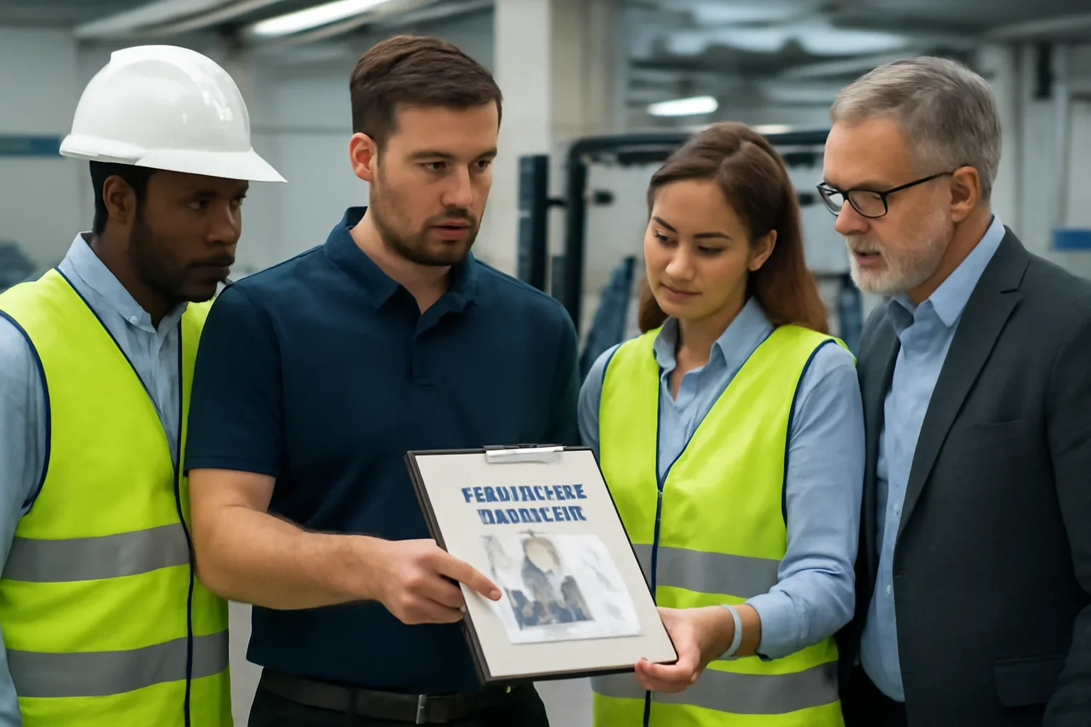 Features leadership team reviewing forklift training plans in an active industrial setting