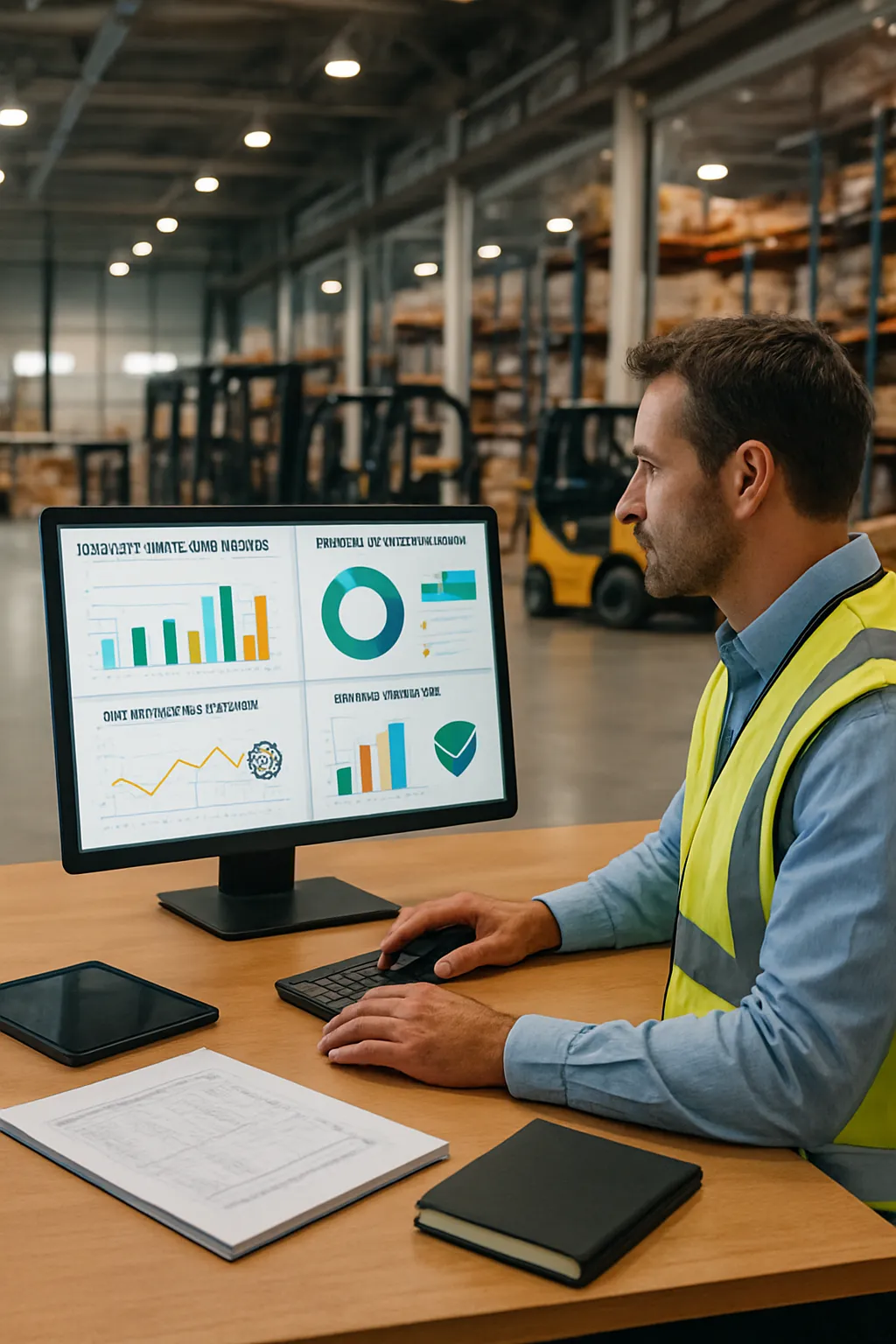 Warehouse safety manager reviewing forklift inspection trends and fleet maintenance data on a digital dashboard