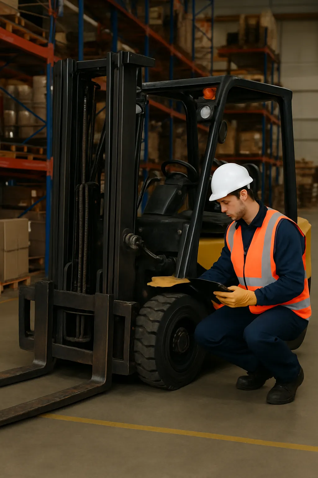 Forklift operator inspecting tires, forks, hydraulics, lights, and safety equipment before a shift
