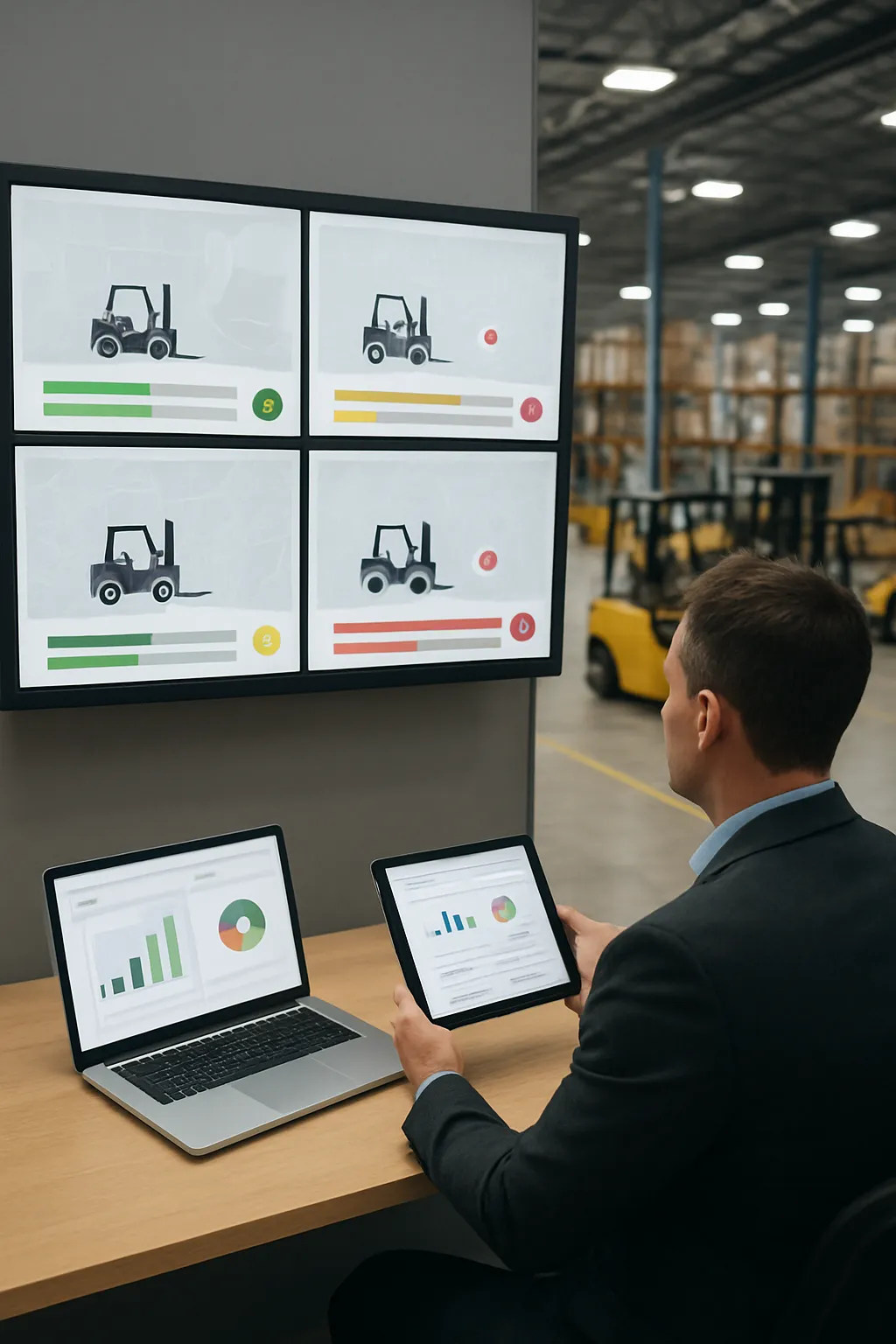 Multi-site warehouse operations using electronic forklift inspection records and real-time reporting