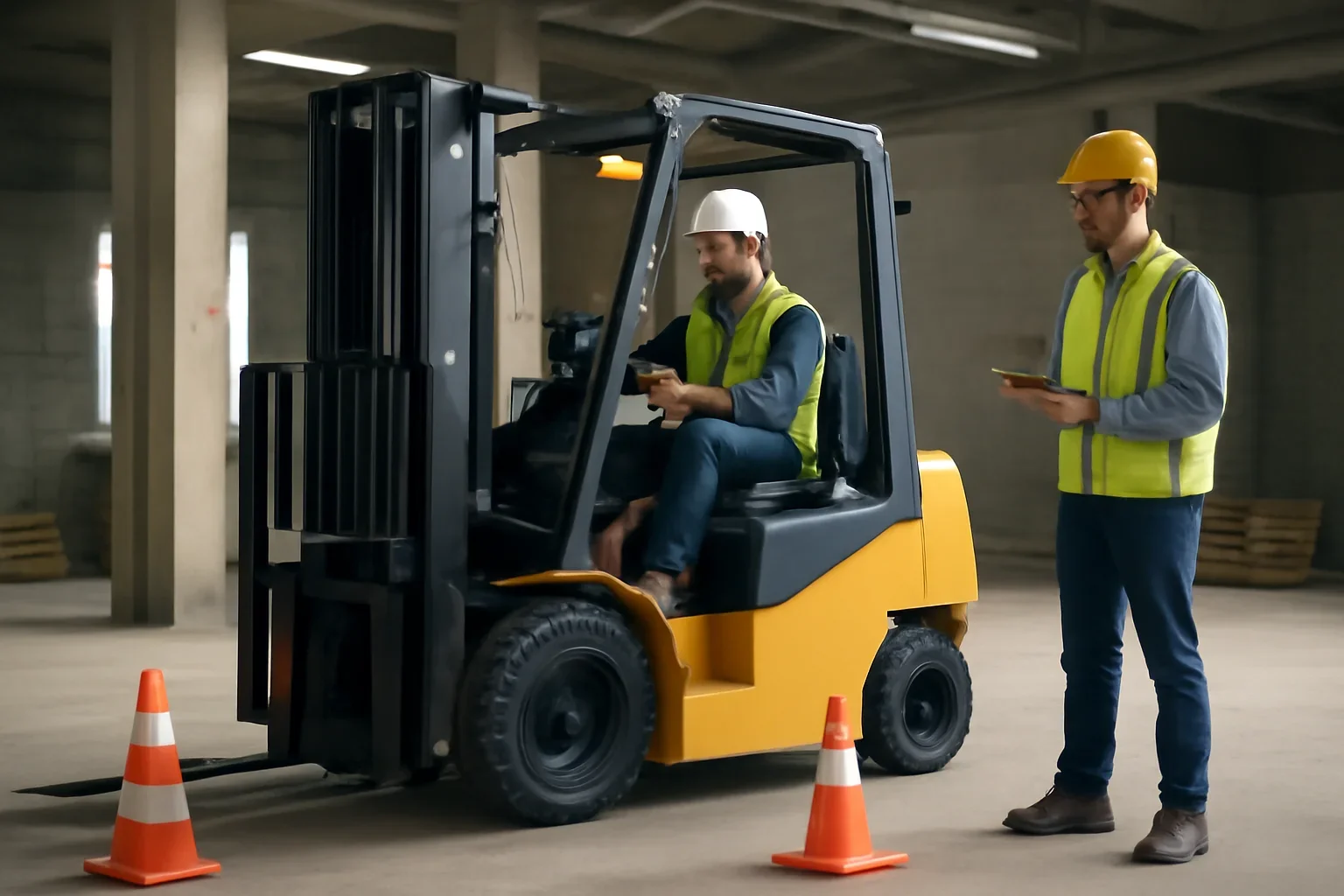 Construction forklift training scene in a realistic operating environment