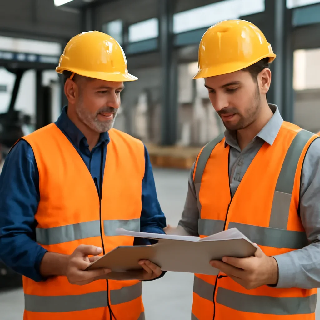 Construction supervisors reviewing training records and worksite conditions