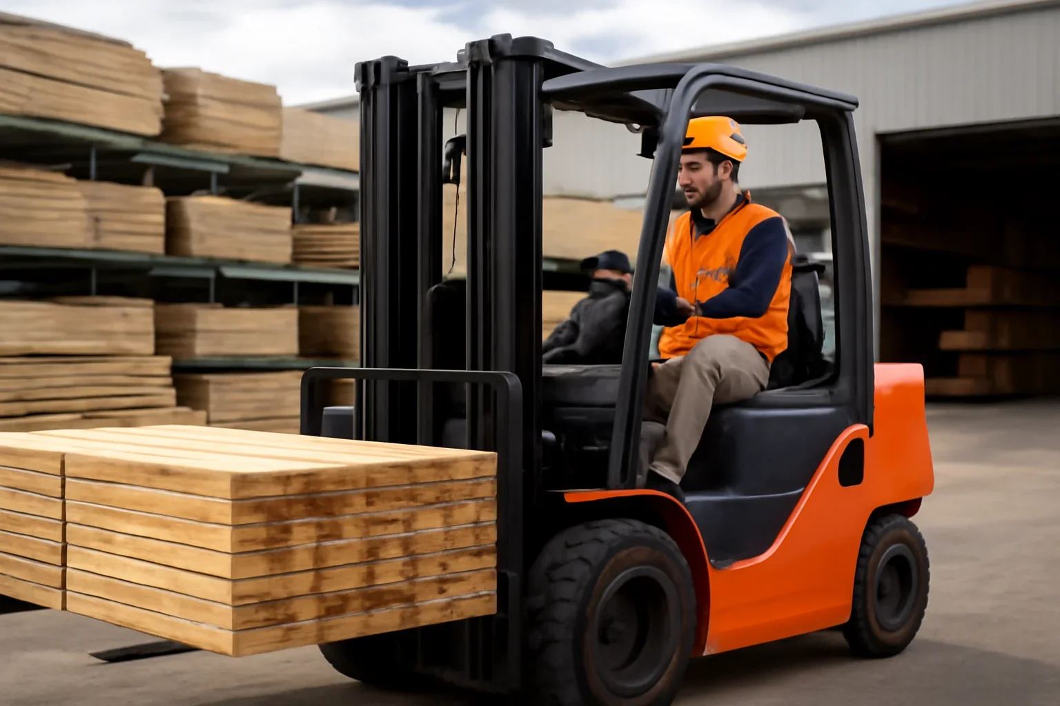 Lumber & Building Supply forklift training scene in a realistic operating environment