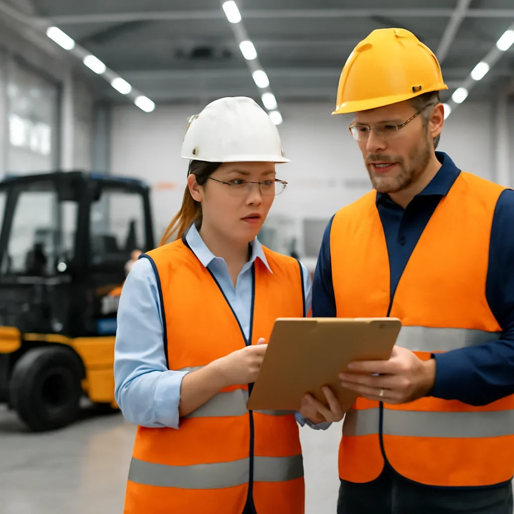 Manufacturing supervisors reviewing training records and worksite conditions