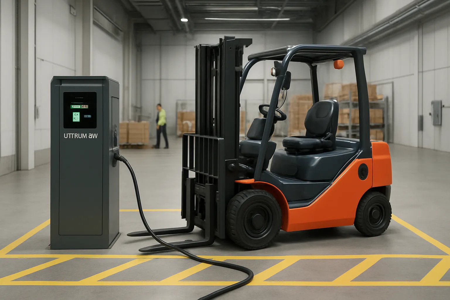 Lithium-ion electric forklift charging inside a distribution facility