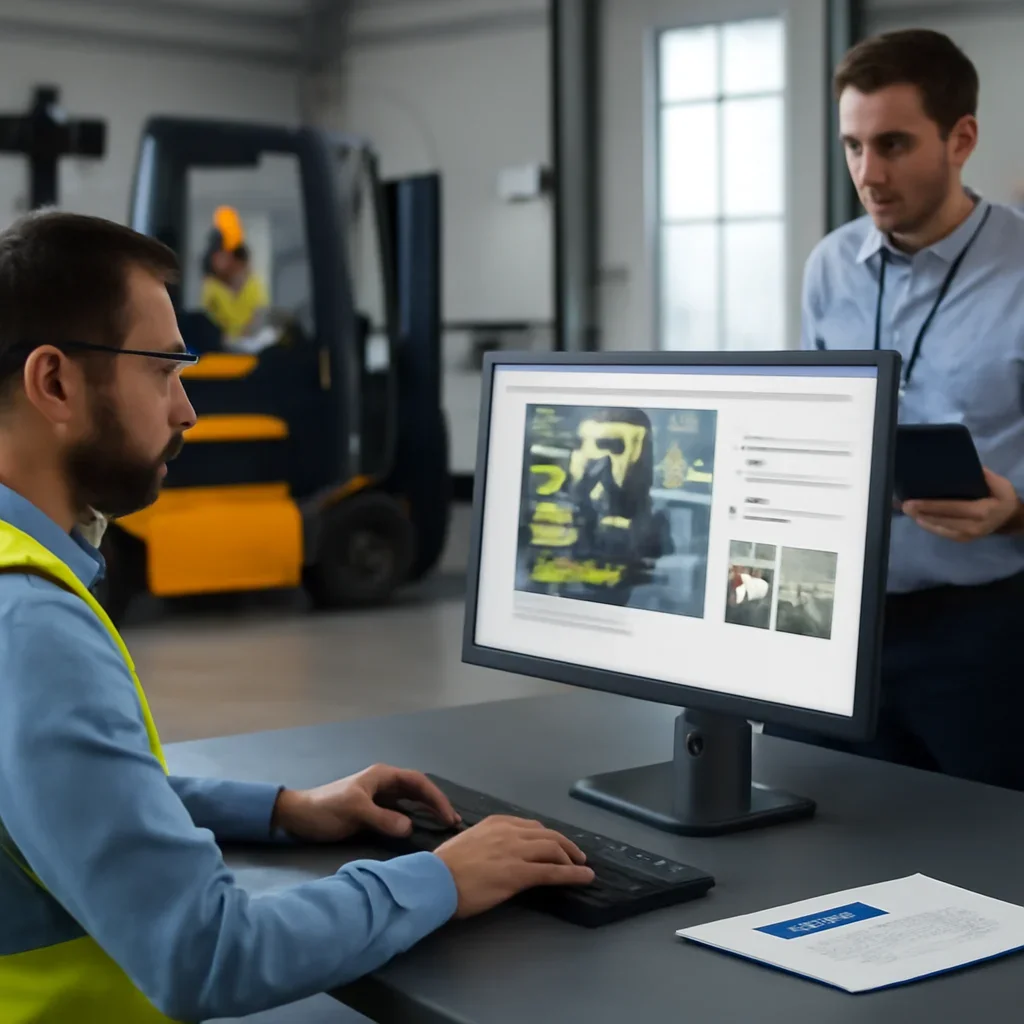Online Forklift Training workflow with records, assignments, and operator oversight
