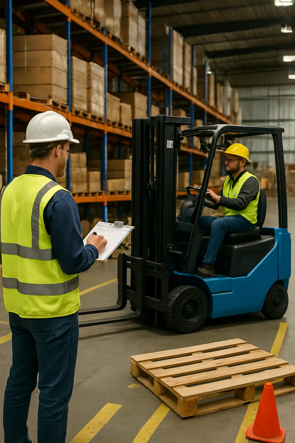 Forklift operator completing practical workplace training in a United States warehouse