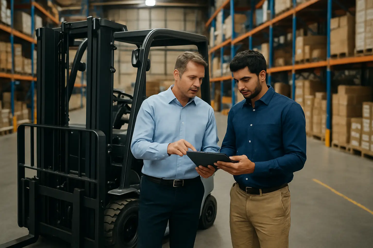 Warehouse managers reviewing OSHA and Canadian forklift training requirements during a cross-border expansion
