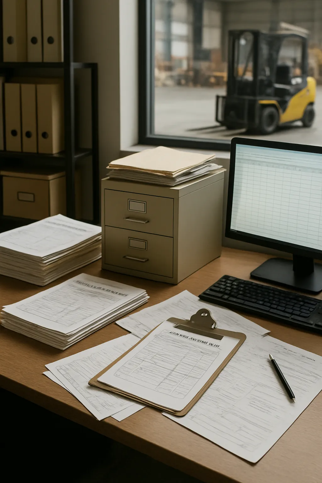 Paper forklift inspection forms and manual filing records inside a warehouse safety office