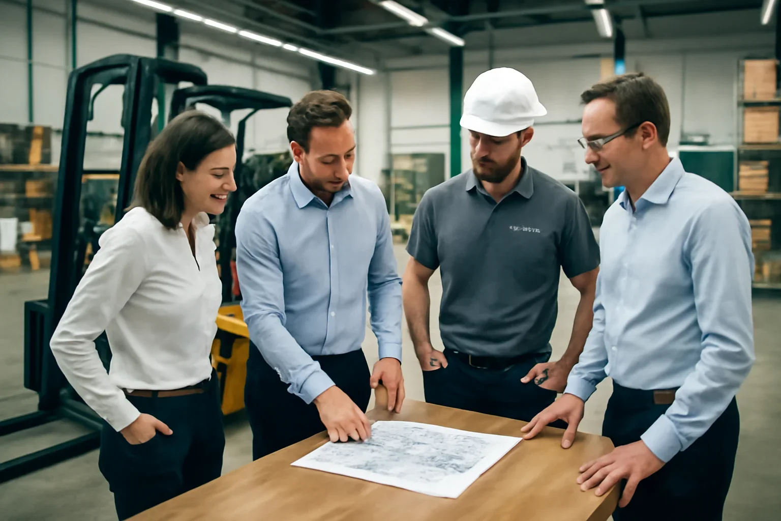 Solutions leadership team reviewing forklift training plans in an active industrial setting