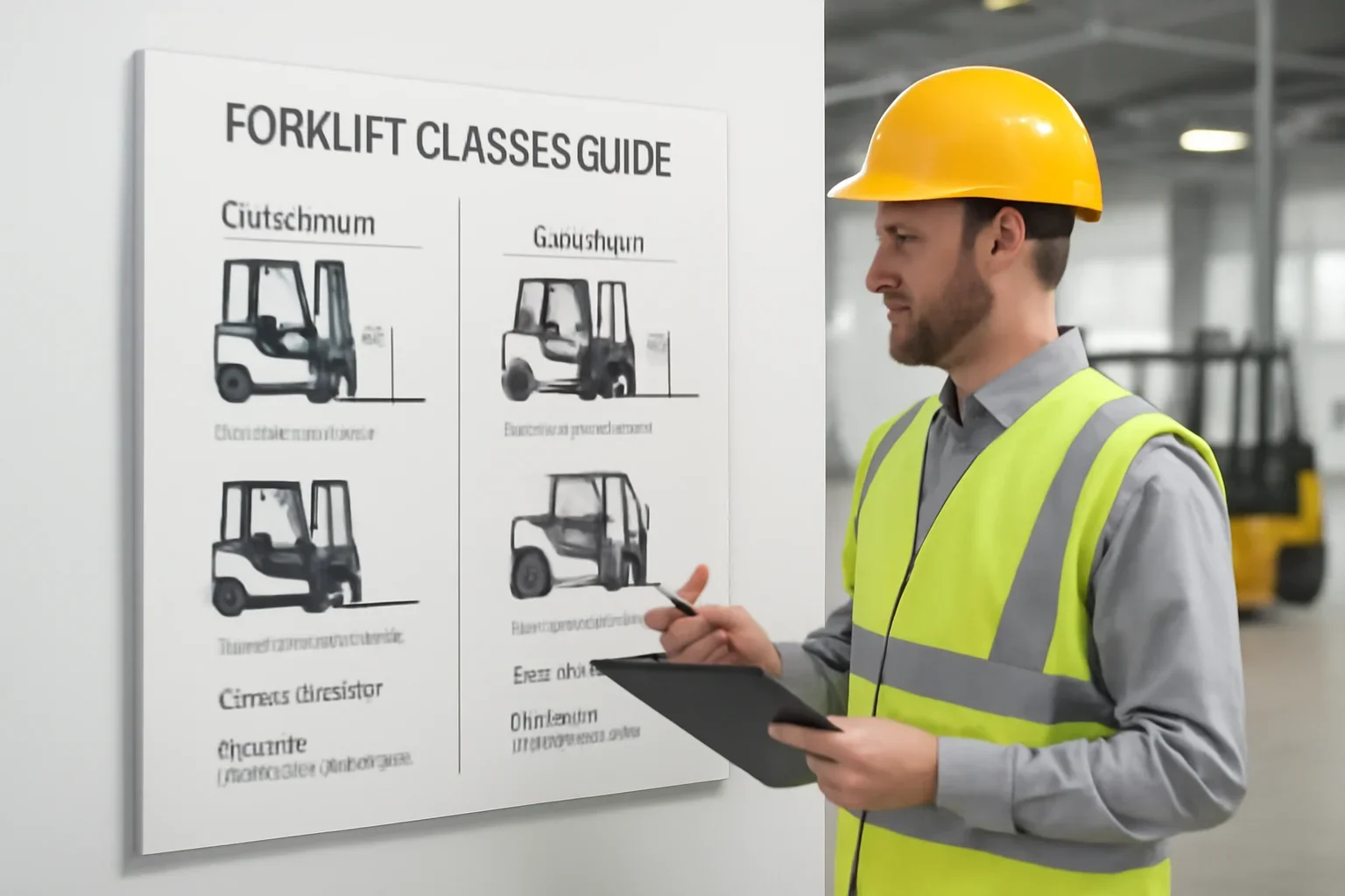 Forklift Classes Guide guide image showing a supervisor reviewing forklift compliance steps