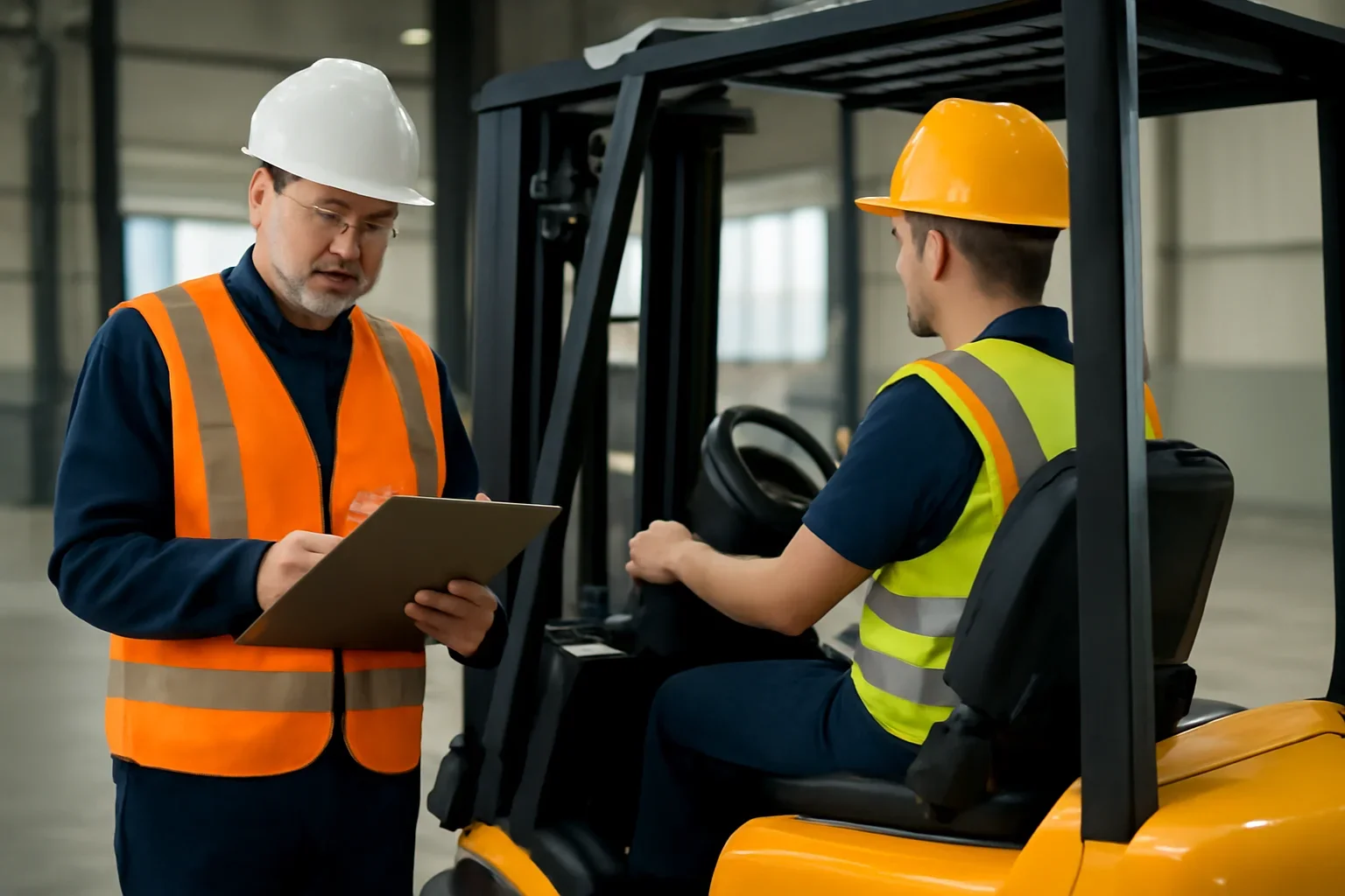 Forklift Training Cost Guide guide image showing a supervisor reviewing forklift compliance steps