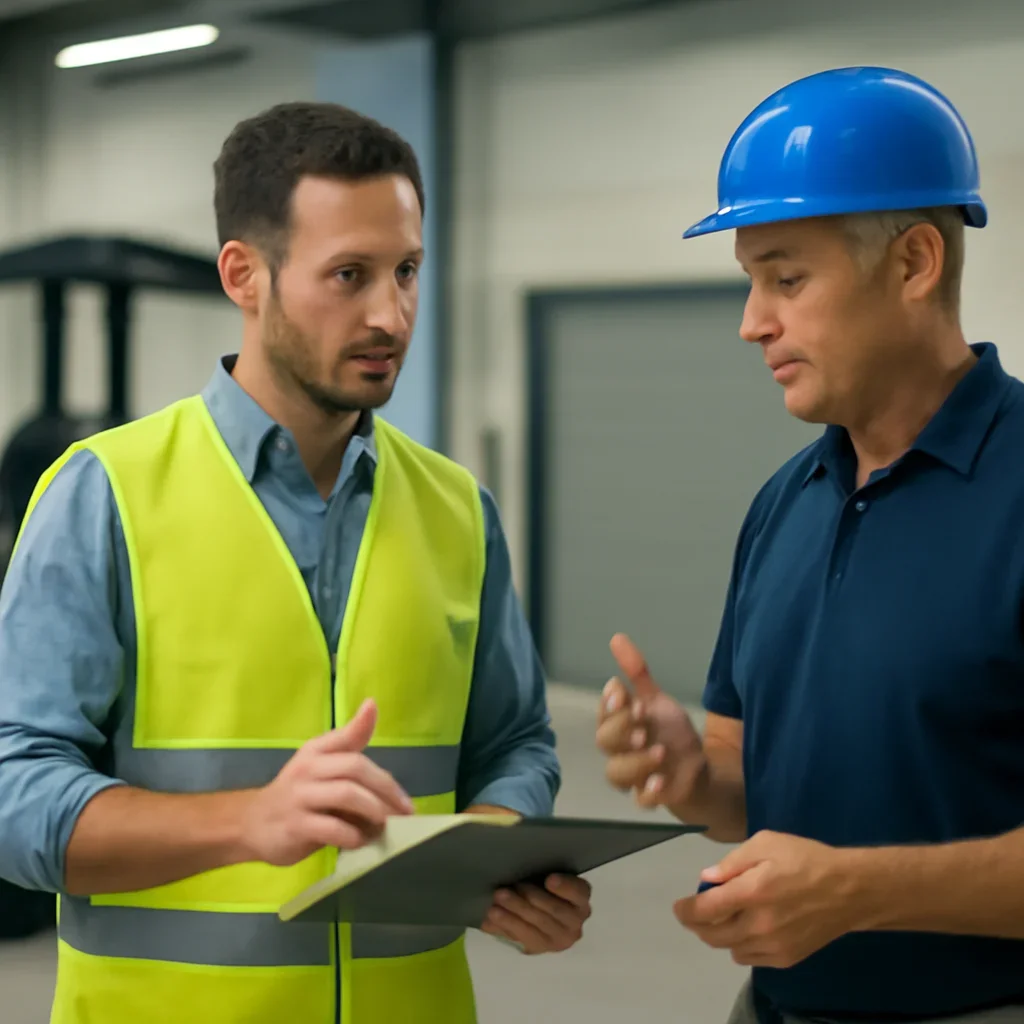 OSHA Forklift Requirements consultation scene focused on resolving forklift training questions