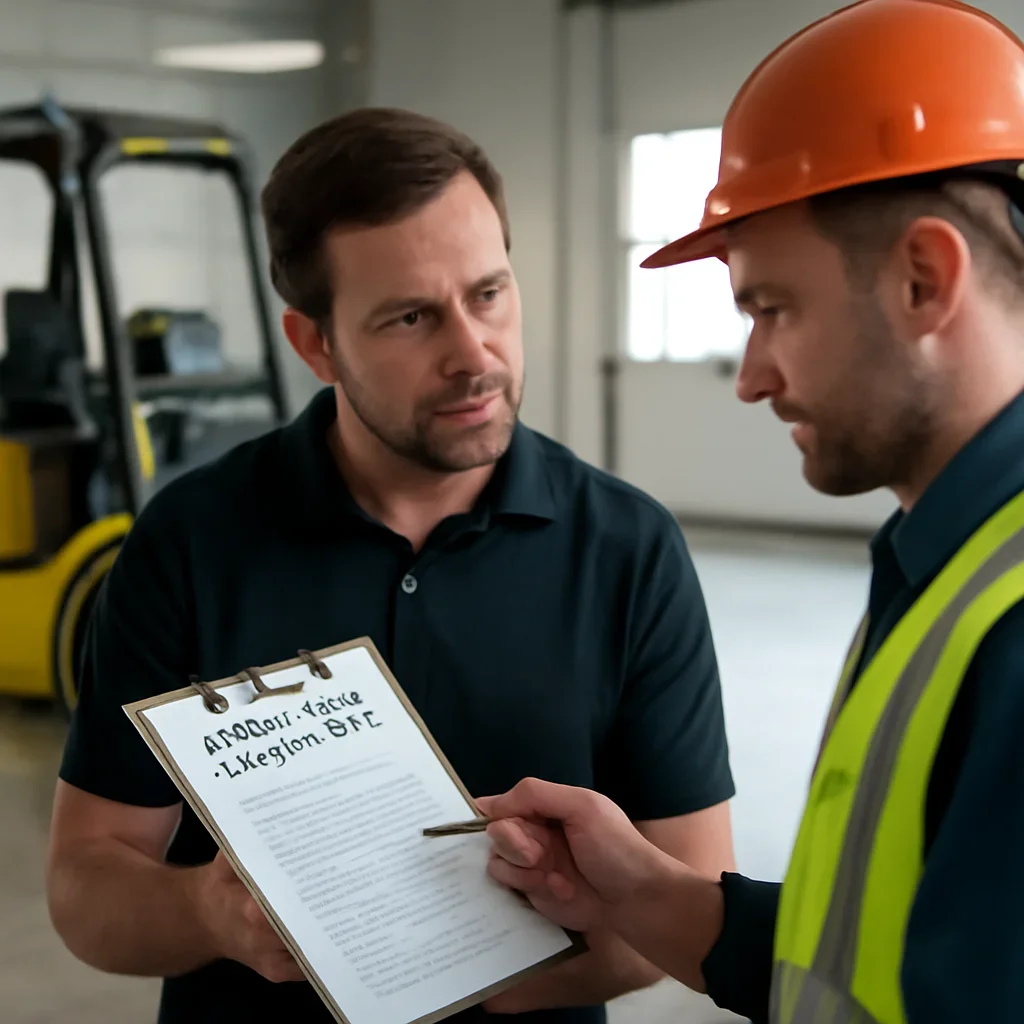 Practical Evaluation Checklist consultation scene focused on resolving forklift training questions
