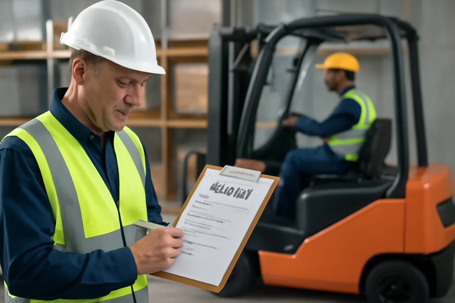 Practical Evaluation Checklist guide image showing a supervisor reviewing forklift compliance steps