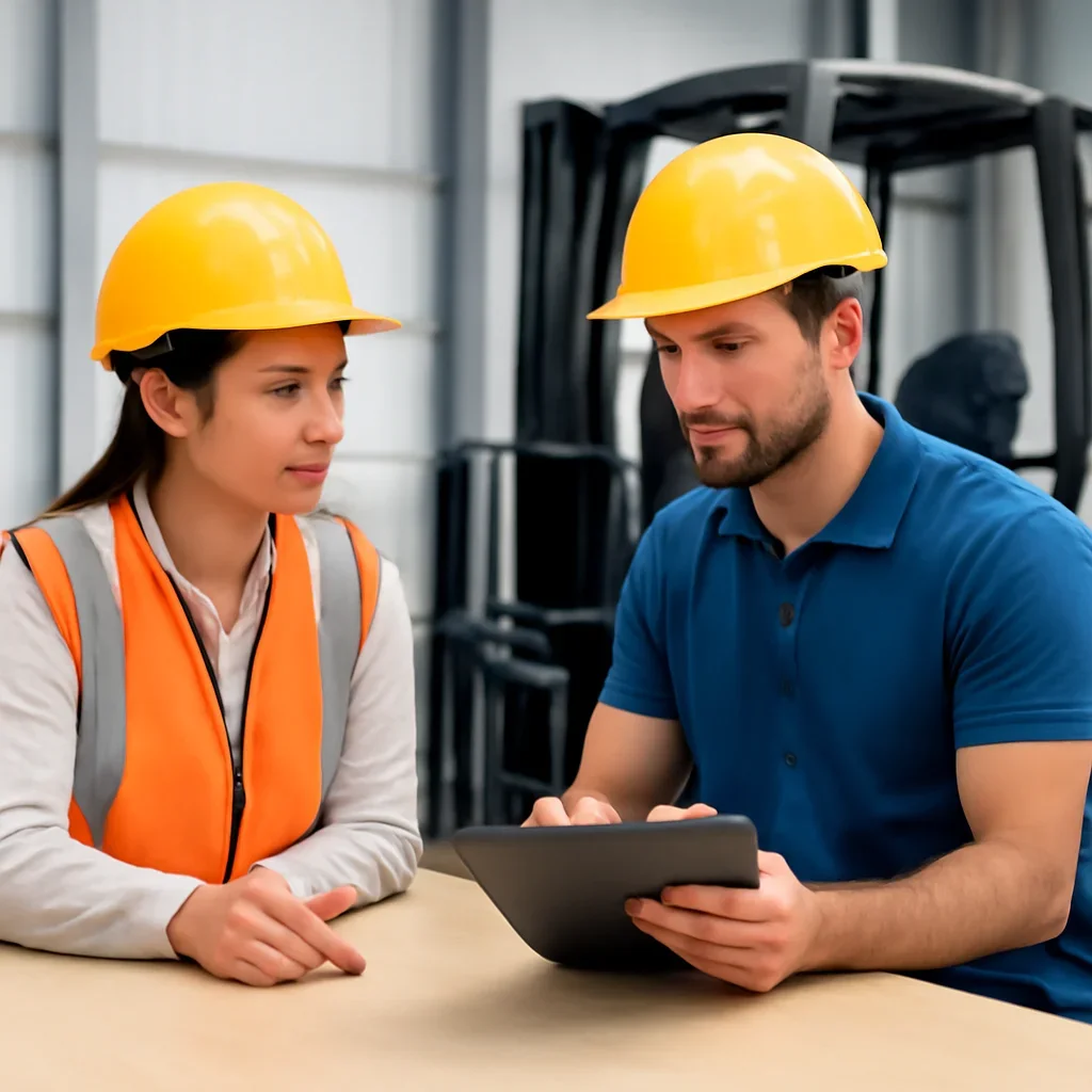 Spanish Forklift Training FAQ consultation scene focused on resolving forklift training questions