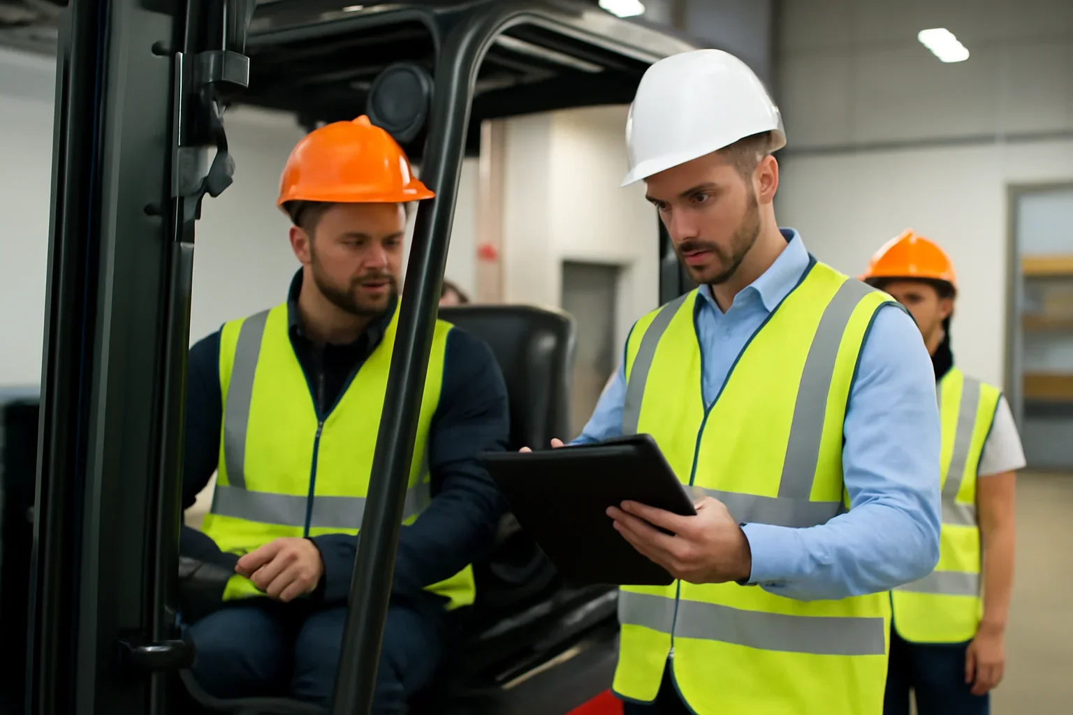 Spanish Forklift Training FAQ guide image showing a supervisor reviewing forklift compliance steps