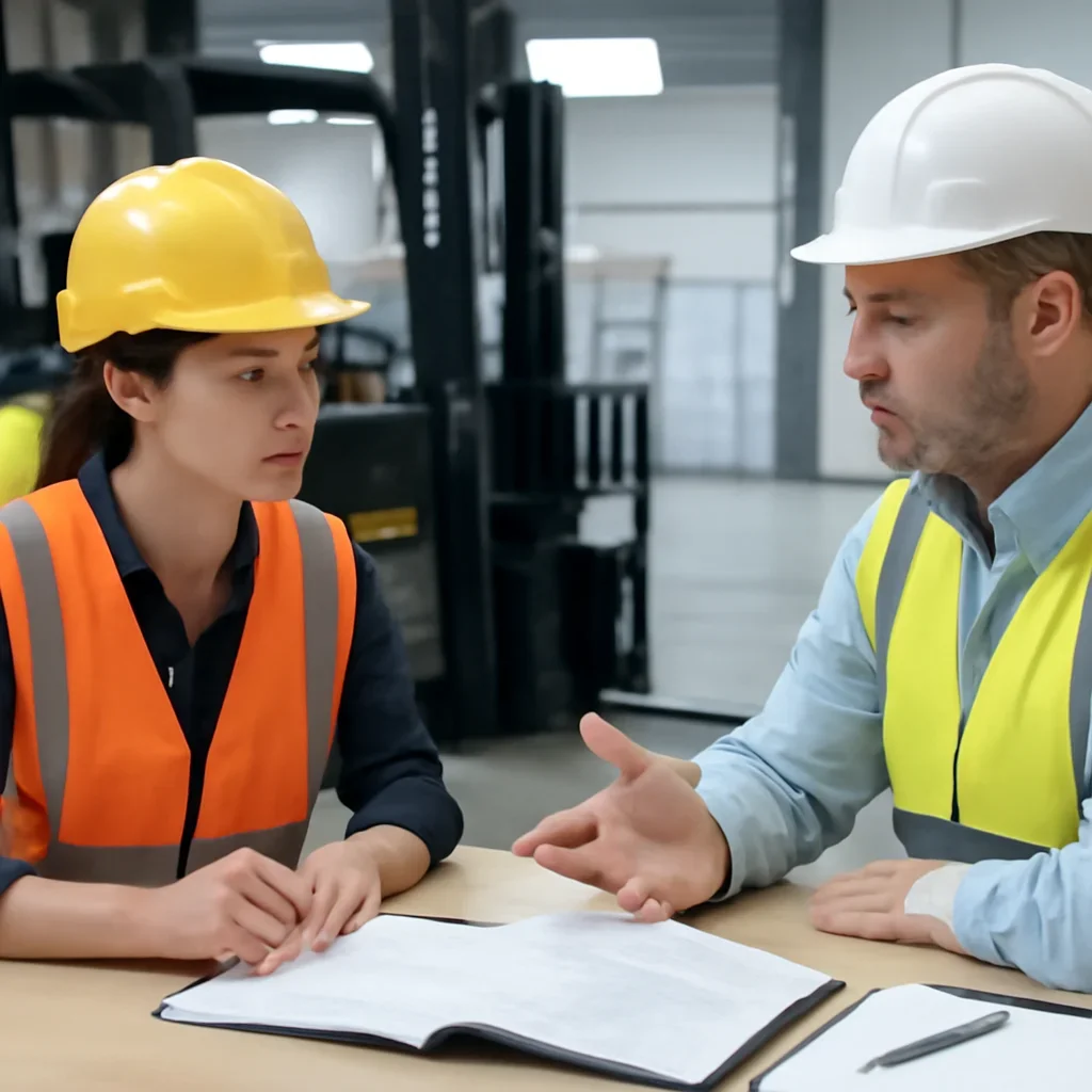 Temp Worker Forklift Training Guide consultation scene focused on resolving forklift training questions