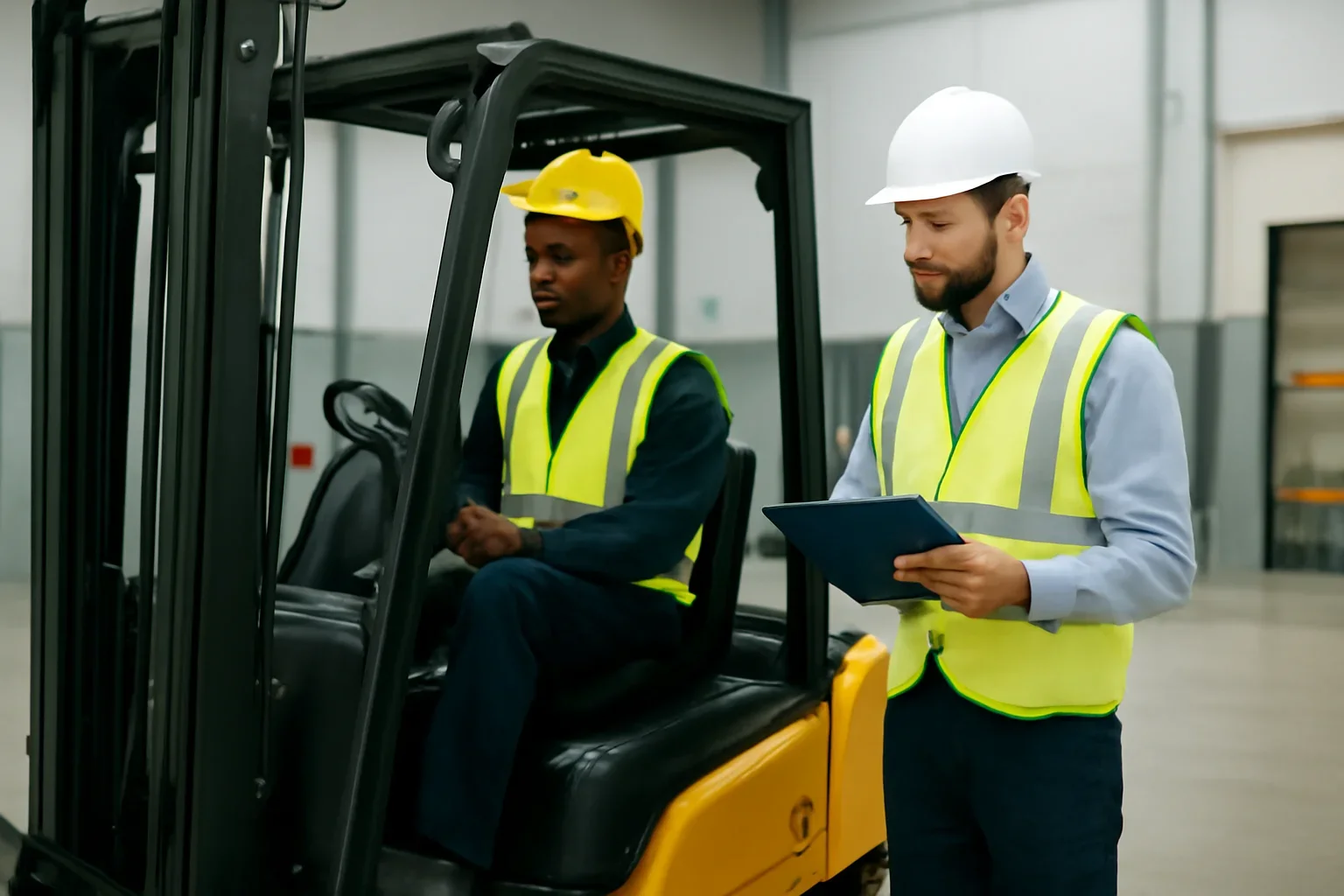 Temp Worker Forklift Training Guide guide image showing a supervisor reviewing forklift compliance steps